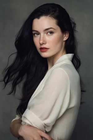 (((Iconic 1940s age style but extremely beautiful))) 
(((black long straight hair 40s age style))) 
(((Pale skin and freckles, gorgeous and Voluptuous))) (((Chiaroscuro, soft light background))) 
(((female action poses))) (((masterpiece,minimalist, hyperrealistic,photorealistic))) (((view zoom,close-up,focal upper torso))) 
(((By Annie Leibovitz style,by Rembrandt style)))