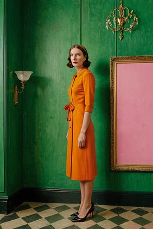 (((Iconic extremely beautiful)))
(((In this image, a woman dressed in an orange dress stands against a green background. The woman's pose and the dress's color are the main focus of the image.)))
(((Beautiful Gorgeous,
voluptuous))) 
(((Chiaroscuro pea pink colors background)))
(((wista perfil,wide angle)))
(((masterpiece,minimalist,epic, hyperrealistic,photorealistic))) 
(((By Annie Leibovitz style,by Wes Anderson style)))