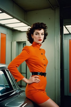 (((Iconic Guy Bourdin style but extremely beautiful)))(((Futuristic-sci-fi 1940s age style vintage))) 
(((Black short messy hair))) (((Beautiful Gorgeous, voluptuous))) 
(((Chiaroscuro light colors background))) 
(((Space Futuristic orange clothing vintage 1940s age style))) (((masterpiece,minimalist,epic, hyperrealistic,photorealistic))) (((view very zoom,view profile, Wide angle))) 
(((By Annie Leibovitz style,by Guy Bourdin style)))