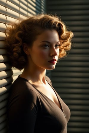 (((Iconic girl lighting but extremely beautiful)))
(((1940s age style)))
(((shadows of blinds on the face)))
(((large hair curly)))
(((Chiaroscuro light full colors background)))
(((masterpiece,minimalist,epic,
hyperrealistic,photorealistic)))
(((view profile,view detailed,
dutch_angle)))
(((Annie Leibovitz style, by Michael Curtiz style)))