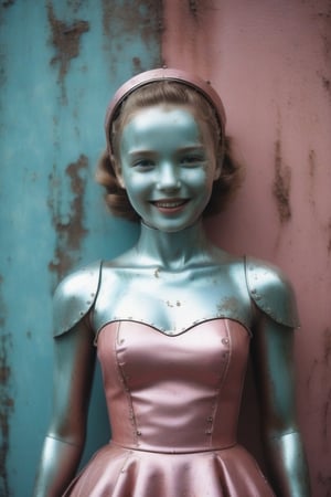 (((Robot/little girl made metal style of gum pink bichromate)))
(((light silver dark, disfigured forms))) 
(((beautiful smile, open mouth)))
(((religious subjects dress metal)))
(((1950s age style)))
(((posing for camera)))(((bronze,silver,bichromate)))
(((hasselblad 70mm camera films)))(((Masterpiece,  Best quality,  Insanely detailed fashion,  atmosphere Futuristic neón elegant))),patina metal skin,pms style, cinematic moviemaker style