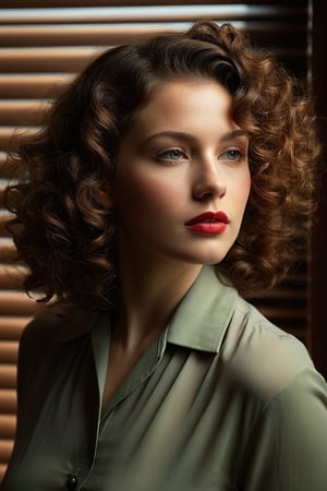 (((Iconic girl lighting but extremely beautiful)))
(((1940s age style)))
(((shadows of blinds on the face)))
(((large hair curly)))
(((Chiaroscuro light full colors background)))
(((masterpiece,minimalist,epic,
hyperrealistic,photorealistic)))
(((view profile,view detailed,
dutch_angle)))
(((Annie Leibovitz style, by Michael Curtiz style)))