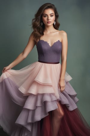 "A ethereal portrait of a young woman in a luxurious ballgown. The dress features a fitted dark lace bodice and a voluminous, layered tulle skirt in ombre shades from pale pink to lavender to deep red. The skirt is asymmetrical, shorter in front and longer in back. The model has wavy brown hair in a loose updo and natural makeup. She stands confidently with one hand on her hip. The lighting is soft and diffused, creating a dreamy atmosphere against a muted greenish-gray background. The overall effect is romantic and fairytale-like, reminiscent of high-fashion photography with a touch of fantasy."