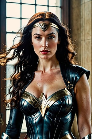 (((Iconic 1940s age style but extremely beautiful))) 
(((black very long straight hair 40s age style)))
(((with matte black t-shirt under the suit, leather and silver Amazon warrior costume [Wonder woman] serious expression, severe but calm)))
(((Pale skin and freckles, gorgeous and Voluptuous and muscular))) (((Chiaroscuro, soft light background))) 
(((female action poses))) (((masterpiece,minimalist, hyperrealistic,photorealistic))) (((view zoom,close-up,focal upper torso))) 
(((By Annie Leibovitz style,by caravaggio style)))