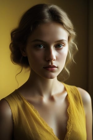 (((Iconic girl extremely beautiful)))
(((moody atmosphere, ethereal glow, delicate interplay of light and shadow, captivating gaze, artistic expression, emotional resonance)))
(((Chiaroscuro yellow colors background)))
(((View zoom,view detailed, dutch_angle)))
(((by Annie Leibovitz style, byDiane Arbus style))),photo r3al