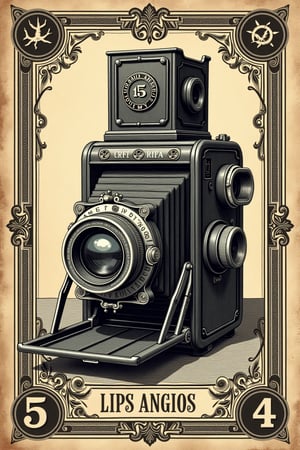 (((A billetes de 5 dólares antiguo of Vintage camera, showcasing classic Victorian-era art with traditional engraving, detailed linework, tarot card-inspired design, and intricate border patterns. The stamp should feature distressed textures, subtle grain, antique paper, hand-drawn elements, and refined, classic typography)))