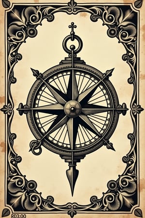 (((A vintage postage stamp of Vintage compass, showcasing classic Victorian-era art with traditional engraving, detailed linework, tarot card-inspired design, and intricate border patterns. The stamp should feature distressed textures, subtle grain, antique paper, hand-drawn elements, and refined, classic typography)))