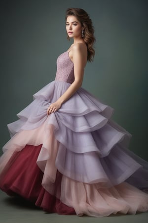 "A ethereal portrait of a young woman in a luxurious ballgown. The dress features a fitted dark lace bodice and a voluminous, layered tulle skirt in ombre shades from pale pink to lavender to deep red. The skirt is asymmetrical, shorter in front and longer in back. The model has wavy brown hair in a loose updo and natural makeup. She stands confidently with one hand on her hip. The lighting is soft and diffused, creating a dreamy atmosphere against a muted greenish-gray background. The overall effect is romantic and fairytale-like, reminiscent of high-fashion photography with a touch of fantasy."