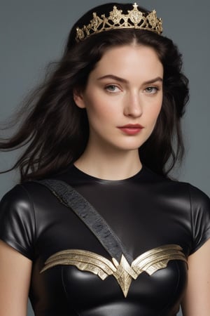 (((Iconic 1940s age style but extremely beautiful))) 
(((black long straight hair 40s age style)))
(((with matte black short-sleeved t-shirt, golden tiara, leather and silver Amazon warrior costume, [Wonder woman] serious expression, severe but calm)))
(((Pale skin and freckles, gorgeous and Voluptuous))) (((Chiaroscuro, soft light background))) 
(((female action poses))) (((masterpiece,minimalist, hyperrealistic,photorealistic))) (((view zoom,close-up,focal upper torso))) 
(((By Annie Leibovitz style,by Rembrandt style)))