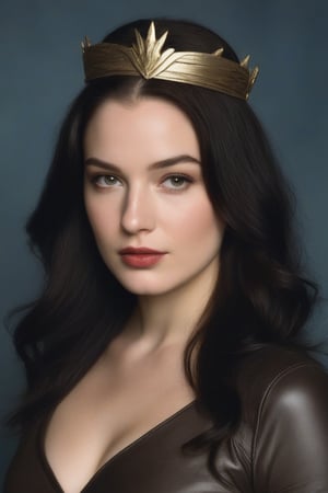 (((Iconic 1940s age style but extremely beautiful))) 
(((black long straight hair 40s age style)))
(((with matte black short-sleeved t-shirt, golden tiara, leather and silver Amazon warrior costume, [Wonder woman] serious expression, severe but calm)))
(((Pale skin and freckles, gorgeous and Voluptuous))) (((Chiaroscuro, soft light background))) 
(((female action poses))) (((masterpiece,minimalist, hyperrealistic,photorealistic))) (((view zoom,close-up,focal upper torso))) 
(((By Annie Leibovitz style,by Rembrandt style)))