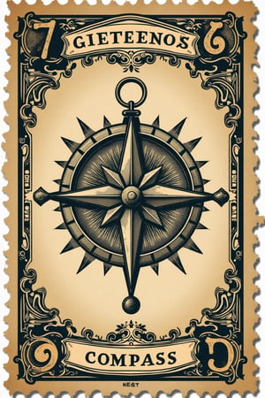 (((A vintage postage stamp of Vintage compass, showcasing classic Victorian-era art with traditional engraving, detailed linework, tarot card-inspired design, and intricate border patterns. The stamp should feature distressed textures, subtle grain, antique paper, hand-drawn elements, and refined, classic typography)))