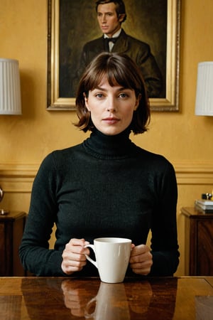 (((Iconic 1960s age style extremely beautiful)))
(((The image is a stylized portrait, likely created for artistic or fashion purposes. The subject's pose and attire suggest a contemporary setting with vintage influences. The solid color background focuses attention on the subject and her expression)))
(((black sweater long sleeves turtleneck)))
(((holding Cup of tea)))
(((Simple minimalist yellow colors backgroun)))
(((looking at viewer)))
((( black short hair bangs)))
(((masterpiece,minimalist,hyperrealistic,photorealistic))) 
(((By Annie Leibovitz style,by Wes Anderson style)))