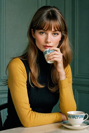 (((Iconic 1960s age style extremely beautiful)))
(((The image is a stylized portrait, likely created for artistic or fashion purposes. The subject's pose and attire suggest a contemporary setting with vintage influences. The solid color background focuses attention on the subject and her expression)))
(((black sweater long sleeves turtleneck)))
(((holding Cup of tea)))
(((Simple minimalist yellow colors backgroun)))
(((looking at viewer)))
((( black short hair bangs)))
(((masterpiece,minimalist,hyperrealistic,photorealistic))) 
(((By Annie Leibovitz style,by Wes Anderson style)))
