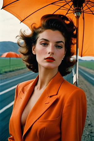 (((Iconic Guy Bourdin style but extremely beautiful)))(((Futuristic-sci-fi 1940s age style vintage))) 
(((Black short messy hair))) (((Beautiful Gorgeous, voluptuous))) 
(((Chiaroscuro light colors background))) 
(((Space Futuristic orange clothing vintage 1940s age style))) (((masterpiece,minimalist,epic, hyperrealistic,photorealistic))) (((view very zoom,view profile, Wide angle))) 
(((By Annie Leibovitz style,by Guy Bourdin style)))