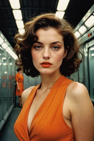 (((Iconic Guy Bourdin style but extremely beautiful)))(((Futuristic-sci-fi 1940s age style vintage))) 
(((Black short messy hair))) (((Beautiful Gorgeous, voluptuous))) 
(((Chiaroscuro light colors background))) 
(((Space Futuristic orange clothing vintage 1940s age style))) (((masterpiece,minimalist,epic, hyperrealistic,photorealistic))) (((view very zoom,view profile, Wide angle))) 
(((By Annie Leibovitz style,by Guy Bourdin style)))