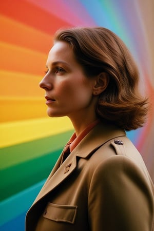 (((Iconic Woman lighting but extremely beautiful)))
(((Wes Anderson age style)))
(((Chiaroscuro light rainbow colors background)))
(((masterpiece,minimalist,epic,
hyperrealistic,photorealistic)))
(((view profile,view detailed,
dutch_angle)))
(((By Annie Leibovitz style)))
