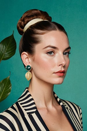 (((Iconic extremely beautiful)))
(((A woman with a high bun and large leaf earrings stands against a teal background. She wears a black and white striped garment with a large collar. Her gaze is directed away from the camera, and her expression is neutral)))
(((Beautiful Gorgeous,voluptuous))) 
(((Chiaroscuro colors background))) 
(((masterpiece,minimalist,epic, hyperrealistic,photorealistic))) 
(((By Annie Leibovitz style,by Wes Anderson style)))