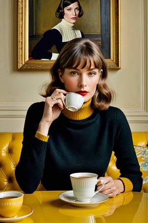 (((Iconic 1960s age style extremely beautiful)))
(((The image is a stylized portrait, likely created for artistic or fashion purposes. The subject's pose and attire suggest a contemporary setting with vintage influences. The solid color background focuses attention on the subject and her expression)))
(((black sweater long sleeves turtleneck)))
(((holding Cup of tea)))
(((Simple minimalist yellow colors backgroun)))
(((looking at viewer)))
((( black short hair bangs)))
(((masterpiece,minimalist,hyperrealistic,photorealistic))) 
(((By Annie Leibovitz style,by Wes Anderson style)))