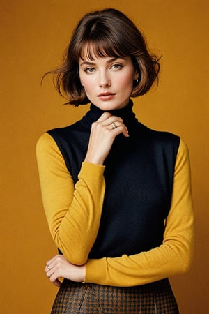 (((Iconic 1960s age style extremely beautiful)))
(((The image is a stylized portrait, likely created for artistic or fashion purposes. The subject's pose and attire suggest a contemporary setting with vintage influences. The solid color background focuses attention on the subject and her expression)))
(((black sweater long sleeves turtleneck)))
(((holding taza de té,
(((Simple minimalist yellow colors backgroun)))
(((looking at viewer)))
(((short hair, bangs)))
(((masterpiece,minimalist,hyperrealistic,photorealistic))) 
(((By Annie Leibovitz style,by Wes Anderson style)))