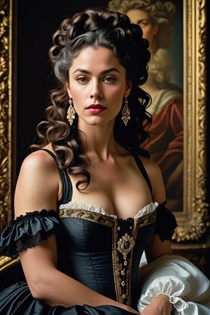 (((Iconic classical style 1800s extremely beautiful)))
(((Rococo style melancholic))) 
(((black Rococo style hair)))
(((Beautiful Gorgeous,muscular, voluptuous, sexy, athletic))) 
(((Chiaroscuro vivid colors background))) 
(((masterpiece,minimalist,epic, hyperrealistic,photorealistic))) (((view very zoom,view profile, Wide angle))) 
(((By Annie Leibovitz style,by caravaggio style)))