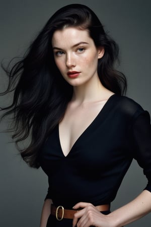 (((Iconic 1940s age style but extremely beautiful))) 
(((black long straight hair 40s age style))) 
(((Pale skin and freckles, gorgeous and Voluptuous))) (((Chiaroscuro, soft light background))) 
(((female action poses))) (((masterpiece,minimalist, hyperrealistic,photorealistic))) (((view zoom,close-up,focal upper torso))) 
(((By Annie Leibovitz style,by Rembrandt style)))