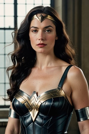 (((Iconic 1940s age style but extremely beautiful))) 
(((black very long straight hair 40s age style)))
(((with matte black t-shirt under the suit, leather and silver Amazon warrior costume [Wonder woman] serious expression, severe but calm)))
(((Pale skin and freckles, gorgeous and Voluptuous and muscular))) (((Chiaroscuro, soft light background))) 
(((female action poses))) (((masterpiece,minimalist, hyperrealistic,photorealistic))) (((view zoom,close-up,focal upper torso))) 
(((By Annie Leibovitz style,by caravaggio style)))