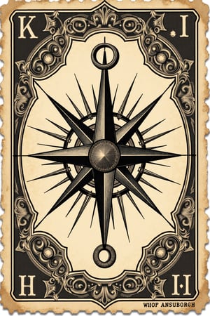 (((A vintage postage stamp of Vintage compass, showcasing classic Victorian-era art with traditional engraving, detailed linework, tarot card-inspired design, and intricate border patterns. The stamp should feature distressed textures, subtle grain, antique paper, hand-drawn elements, and refined, classic typography)))