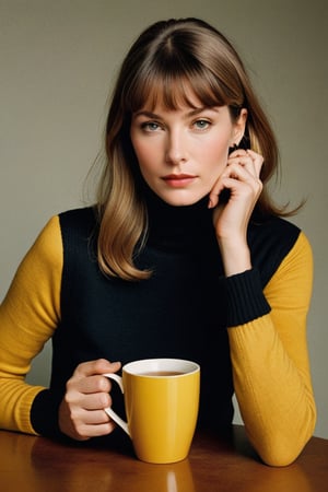 (((Iconic 1960s age style extremely beautiful)))
(((The image is a stylized portrait, likely created for artistic or fashion purposes. The subject's pose and attire suggest a contemporary setting with vintage influences. The solid color background focuses attention on the subject and her expression)))
(((black sweater long sleeves turtleneck)))
(((holding Cup of tea)))
(((Simple minimalist yellow colors backgroun)))
(((looking at viewer)))
((( black short hair bangs)))
(((masterpiece,minimalist,hyperrealistic,photorealistic))) 
(((By Annie Leibovitz style,by Wes Anderson style)))