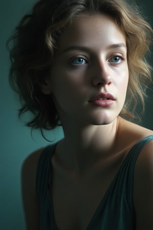 (((Iconic girl extremely beautiful)))
(((moody atmosphere, ethereal glow, delicate interplay of light and shadow, captivating gaze, artistic expression, emotional resonance)))
(((Chiaroscuro Turquoise colors background)))
(((View zoom,view detailed, dutch_angle)))
(((by Annie Leibovitz style, byDiane Arbus style))),photo r3al