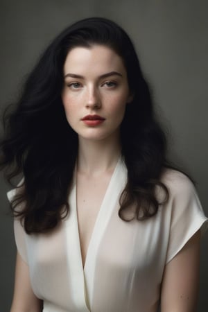 (((Iconic 1940s age style but extremely beautiful))) 
(((black long straight hair 40s age style))) 
(((Pale skin and freckles, gorgeous and Voluptuous))) (((Chiaroscuro, soft light background))) 
(((female action poses))) (((masterpiece,minimalist, hyperrealistic,photorealistic))) (((view zoom,close-up,focal upper torso))) 
(((By Annie Leibovitz style,by Rembrandt style)))