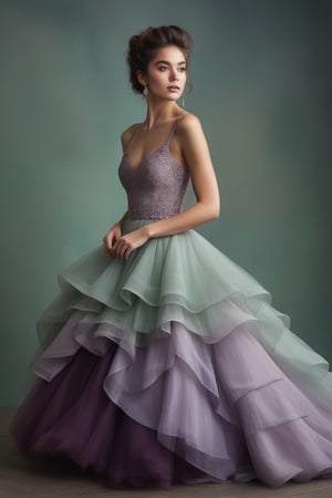 "A ethereal portrait of a young woman in a luxurious ballgown. The dress features a fitted dark lace bodice and a voluminous, layered tulle skirt in ombre shades from pale green to lavender to deep purple. The skirt is asymmetrical, shorter in front and longer in back. The model has wavy brown hair in a loose updo and natural makeup. She stands confidently with one hand on her hip. The lighting is soft and diffused, creating a dreamy atmosphere against a muted greenish-gray background. The overall effect is romantic and fairytale-like, reminiscent of high-fashion photography with a touch of fantasy."