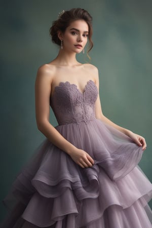 "A ethereal portrait of a young woman in a luxurious ballgown. The dress features a fitted dark lace bodice and a voluminous, layered tulle skirt in ombre shades from pale green to lavender to deep purple. The skirt is asymmetrical, shorter in front and longer in back. The model has wavy brown hair in a loose updo and natural makeup. She stands confidently with one hand on her hip. The lighting is soft and diffused, creating a dreamy atmosphere against a muted greenish-gray background. The overall effect is romantic and fairytale-like, reminiscent of high-fashion photography with a touch of fantasy."