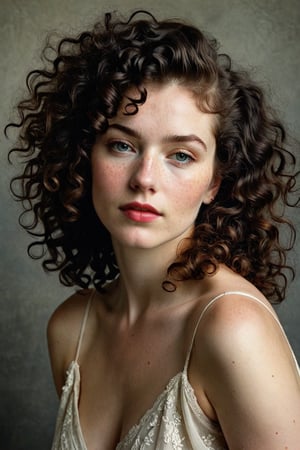 Prompt: (((Iconic 1940s age style but extremely beautiful))) (((black curly messy hair 40s age style,light rainbow in hair))) (((Pale skin and freckles, gorgeous and Voluptuous))) (((Chiaroscuro, soft light background))) (((female action poses))) (((masterpiece,minimalist, hyperrealistic,photorealistic))) (((view zoom,close-up, focal point torso))) (((By Annie Leibovitz style,by Rembrandt style)))