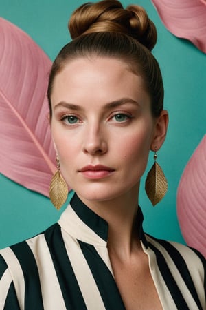 (((Iconic extremely beautiful)))
(((A woman with a high bun and large leaf earrings stands against a teal background. She wears a black and white striped garment with a large collar. Her gaze is directed away from the camera, and her expression is neutral)))
(((Beautiful Gorgeous,
voluptuous))) 
(((Chiaroscuro pea pink colors background))) 
(((masterpiece,minimalist,epic, hyperrealistic,photorealistic))) 
(((By Annie Leibovitz style,by Wes Anderson style)))