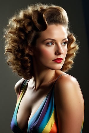(((Iconic Woman lighting but extremely beautiful)))
(((1940s age style)))
(((large hair curly)))
(((Chiaroscuro light rainbow colors background)))
(((masterpiece,minimalist,epic,
hyperrealistic,photorealistic)))
(((view profile,view detailed,
dutch_angle)))
(((By Annie Leibovitz style, by Michael Curtiz style)))