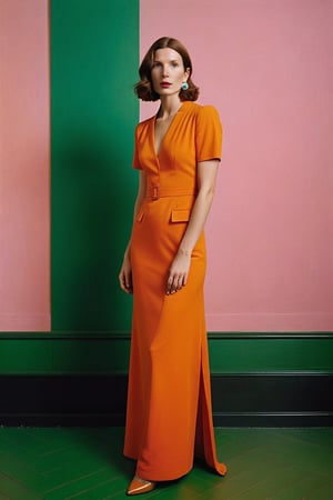 (((Iconic extremely beautiful)))
(((In this image, a woman dressed in an orange dress stands against a green background. The woman's pose and the dress's color are the main focus of the image.)))
(((Beautiful Gorgeous,
voluptuous))) 
(((Chiaroscuro pea pink colors background)))
(((wista perfil,wide angle)))
(((masterpiece,minimalist,epic, hyperrealistic,photorealistic))) 
(((By Annie Leibovitz style,by Wes Anderson style)))