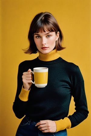 (((Iconic 1960s age style extremely beautiful)))
(((The image is a stylized portrait, likely created for artistic or fashion purposes. The subject's pose and attire suggest a contemporary setting with vintage influences. The solid color background focuses attention on the subject and her expression)))
(((black sweater long sleeves turtleneck)))
(((holding taza de té,
(((Simple minimalist yellow colors backgroun)))
(((looking at viewer)))
(((short hair, bangs)))
(((masterpiece,minimalist,hyperrealistic,photorealistic))) 
(((By Annie Leibovitz style,by Wes Anderson style)))