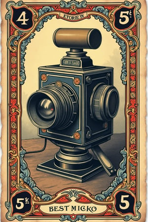 (((A billetes de 5 dólares antiguo of Vintage camera, showcasing classic Victorian-era art with traditional engraving, detailed linework, tarot card-inspired design, and intricate border patterns. The stamp should feature distressed textures, subtle grain, antique paper, hand-drawn elements, and refined, classic typography, vivid colors)))