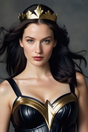 (((Iconic 1940s age style but extremely beautiful))) 
(((black long straight hair 40s age style)))
(((with matte black short-sleeved t-shirt, golden tiara, leather and silver Amazon warrior costume, [Wonder woman] serious expression, severe but calm)))
(((Pale skin and freckles, gorgeous and Voluptuous))) (((Chiaroscuro, soft light background))) 
(((female action poses))) (((masterpiece,minimalist, hyperrealistic,photorealistic))) (((view zoom,close-up,focal upper torso))) 
(((By Annie Leibovitz style,by Rembrandt style)))