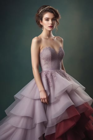 "A ethereal portrait of a young woman in a luxurious ballgown. The dress features a fitted dark lace bodice and a voluminous, layered tulle skirt in ombre shades from pale pink to lavender to deep red. The skirt is asymmetrical, shorter in front and longer in back. The model has wavy brown hair in a loose updo and natural makeup. She stands confidently with one hand on her hip. The lighting is soft and diffused, creating a dreamy atmosphere against a muted greenish-gray background. The overall effect is romantic and fairytale-like, reminiscent of high-fashion photography with a touch of fantasy."