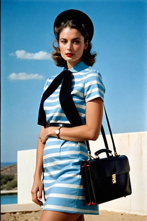 (((Iconic extremely beautiful)))
(((The image depicts a woman against a solid blue sky. Her attire and pose suggest a mid-20th-century fashion influence, while the use of color and shadowing techniques give it a modern, stylized feel,She is holding a small vintage red briefcase with both hands in front of her, wearing a short light blue dress with white horizontal stripes from the 60's)))
(((Beautiful Gorgeous,
voluptuous))) 
(((Chiaroscuro light colors background)))
(((wista perfil)))
(((masterpiece,minimalist,epic, hyperrealistic,photorealistic))) 
(((By Annie Leibovitz style,by Wes Anderson style)))