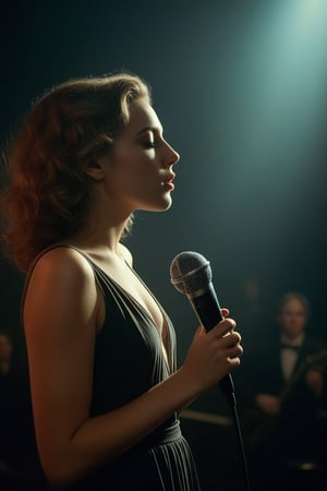 (((Iconic girl extremely beautiful)))
(((singing a song holding the microphone in your hand as much as possible)))
(((moody atmosphere, ethereal glow, delicate interplay of light and shadow, captivating gaze, artistic expression, emotional resonance)))
(((Chiaroscuro vivid colors background)))
(((View zoom,view detailed, dutch_angle)))
(((by Annie Leibovitz style,by Diane Arbus style)))