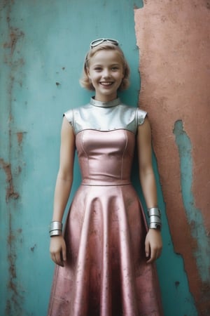 (((Robot/little girl made metal style of gum pink bichromate)))
(((light silver dark, disfigured forms))) 
(((beautiful smile, open mouth)))
(((religious subjects dress metal)))
(((1950s age style)))
(((posing for camera)))(((bronze,silver,bichromate)))
(((hasselblad 70mm camera films)))(((Masterpiece,  Best quality,  Insanely detailed fashion,  atmosphere Futuristic neón elegant))),patina metal skin,pms style, cinematic moviemaker style