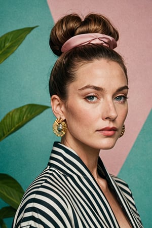 (((Iconic extremely beautiful)))
(((A woman with a high bun and large leaf earrings stands against a teal background. She wears a black and white striped garment with a large collar. Her gaze is directed away from the camera, and her expression is neutral)))
(((Beautiful Gorgeous,
voluptuous))) 
(((Chiaroscuro pea pink colors background))) 
(((masterpiece,minimalist,epic, hyperrealistic,photorealistic))) 
(((By Annie Leibovitz style,by Wes Anderson style)))