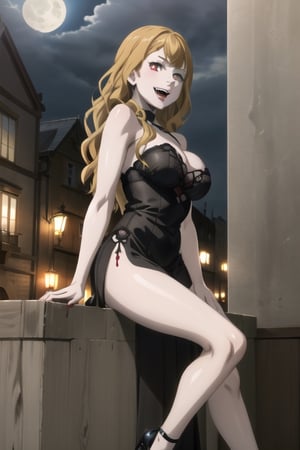 Highly detailed, High quality, Masterpiece, Beautiful, high detailed, high detailed background, (long shot), scenary, city, night sky, full moon, Anime, one girl, solo, night black dress, bare shoulders, high heels, leg slit dress, slim, big breasts, smile, open mouth, vampire fangs, vampiric, blood dripping from mouth, red eyes, red lips, expressionless, red lips, looking_at_viewer, arms at sides, sexy vampire girl, vampire, long hair,Vampire ,mimosa vermillion, viewed_from_side, sitting