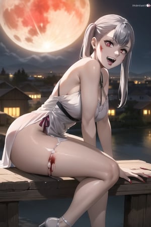 Highly detailed, High quality, Masterpiece, Beautiful, high detailed, high detailed background, (long shot), scenary, city, night sky, full moon, Anime, one girl, solo, night white dress, bare shoulders, high heels, leg slit dress, slim, big breasts, smile, open mouth, vampire fangs, vampiric, blood dripping from mouth, red eyes, red lips, expressionless, red lips, looking_at_viewer, arms at sides, sexy vampire girl, noelle_silva, silver hair, twintails, bangs,Vampire, close up, viewed_from_side,sitting