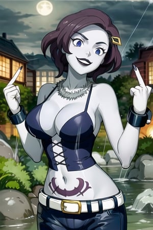 ((best quality)), ((highly detailed)), masterpiece, ((official art)), detailed face, beautiful face, (detailed eyes, deep eyes),(cowboy shot:1.1), delia, brown hair, (lips), looking at viewer, grin, teeth,(RockOfSuccubus),middle finger, large breasts, navel,(purple), cleavage, midriff, belt, pants, (tattoo:1.1), pubic tattoo,makeup, (colored skin:1.3), (black lips:1.3),(lipstick), (pale skin:1.5), cross-laced clothes, necklace, bustier,scenary, city, outdoors, (rain:1.2), (water drop:1.2), night, sky, moon,intricately detailed, hyperdetailed, blurry background,depth of field, best quality, masterpiece, intricate details, tonemapping, sharp focus, hyper detailed, trending on Artstation,1 girl, high res, official art, (handcuffs)
