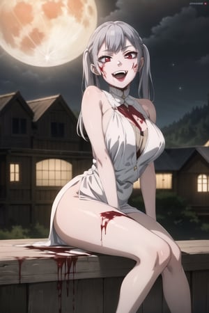 Highly detailed, High quality, Masterpiece, Beautiful, high detailed, high detailed background, (long shot), scenary, city, night sky, full moon, Anime, one girl, solo, night white dress, bare shoulders, high heels, leg slit dress, slim, big breasts, smile, open mouth, vampire fangs, vampiric, blood dripping from mouth, red eyes, red lips, expressionless, red lips, looking_at_viewer, arms at sides, sexy vampire girl, noelle_silva, silver hair, twintails, bangs,Vampire, close up, sitting