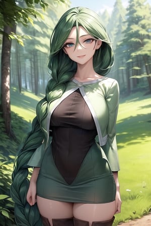 ((best quality)), ((highly detailed)), ((masterpiece)), detailed face, beautiful face, (detailed eyes, deep eyes), 1girl, solo, looking to viewer, Cheryl, smile, light gray eyes, long green hair, single braid hair over shoulder, large breasts, green jacket, long dress, boots, standing, forests scenery, Pokemon ,Cheryl 