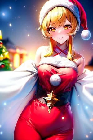ultra detailed, masterpiece, best quality, solo, soft smile, light smile, look at viewer, 
1girl, yellow eyes, medium breasts,  mature girl, christmas scenery, luminedef,Santa Claus,fantasy00d,lumine_genshin